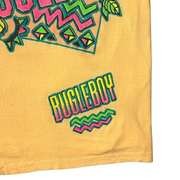 90s vintage Bugle Boy T-shirt Single Stitch Tropical Neon Pattern Sun Faded. - Picture 3 of 7